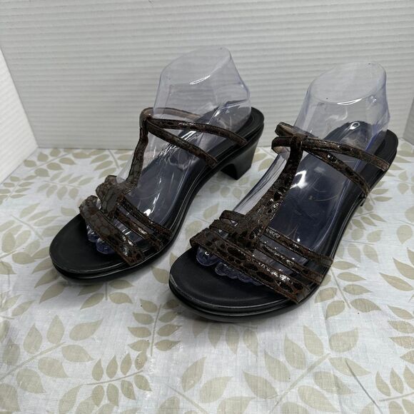 Abeo Women's Snakeskin T-Strap Strappy‎ Heels Sandals Bronze Black Size 10 - Picture 1 of 8